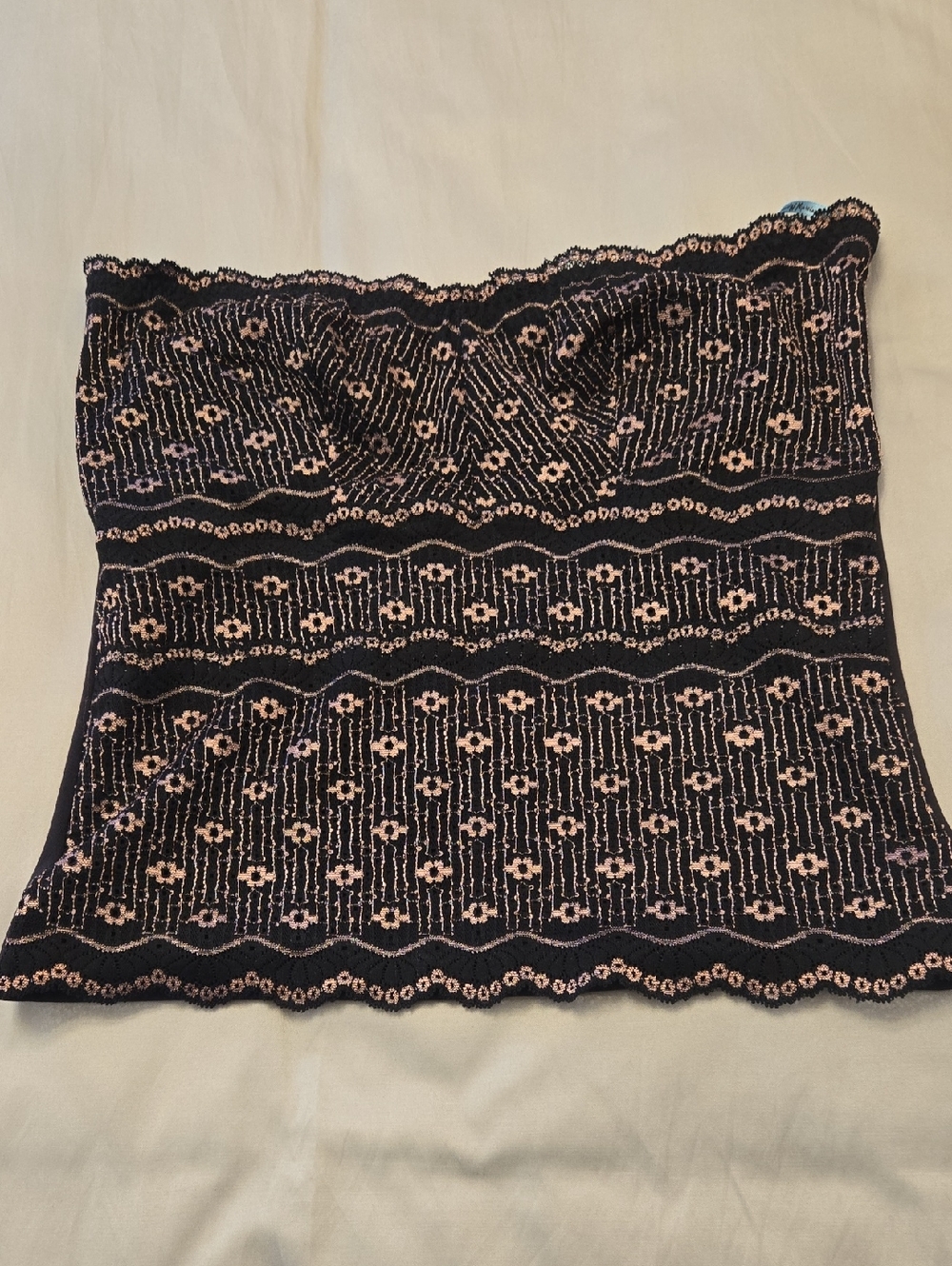 Marciano Black Lace Strapless Tube Top with Pink Embroidery